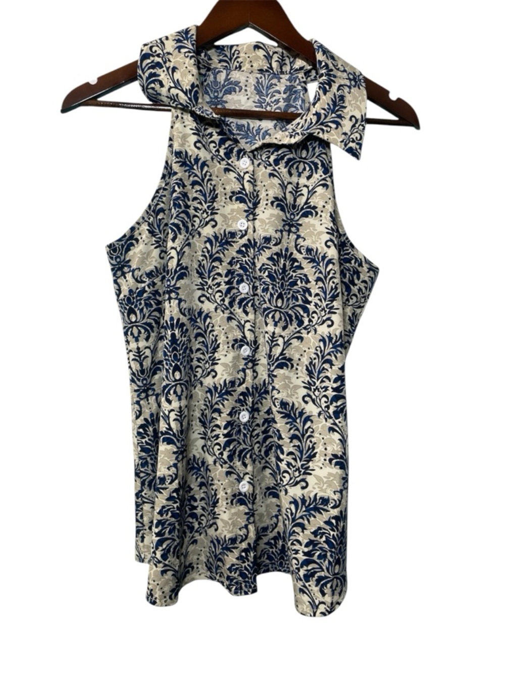 Blue White Damask Halter Tank Top Button Down Shirt Collared Sleeveless Blouse L